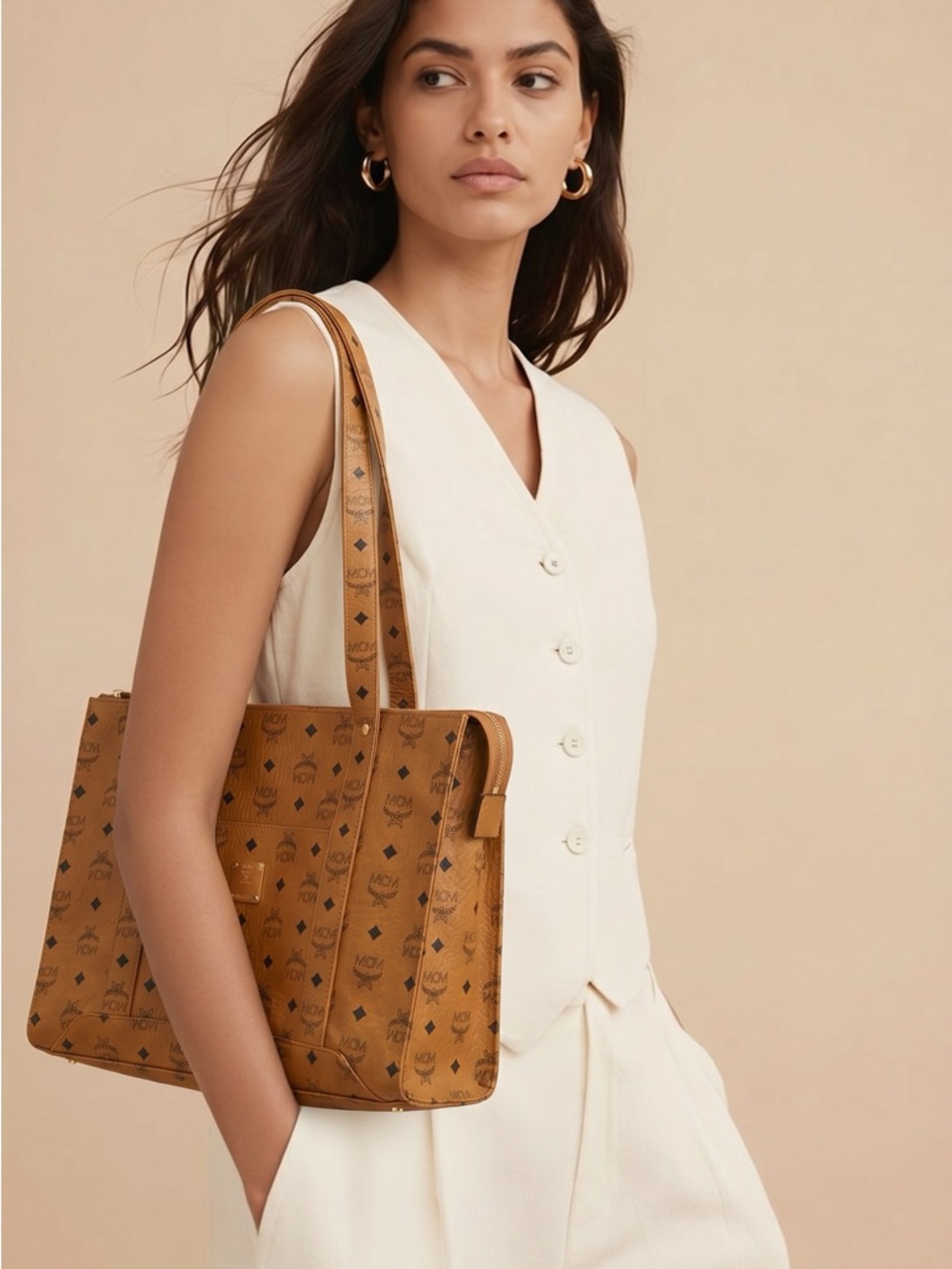MCM Cognac Visetos Signature Shopper Tote